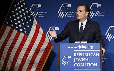Republican presidential candidate Sen. Ted Cruz, R-Texas, speaks at the Republican Jewish Coalition spring leadership meeting, Saturday, April 9, 2016, in Las Vegas. (AP Photo/John Locher)