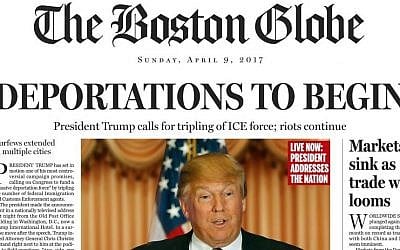This image shows a portion of a satirical front page of The Boston Globe published on the newspaper's website on Saturday, April 9, 2016. (The Boston Globe via AP)