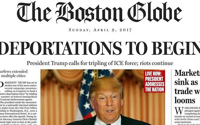 This image shows a portion of a satirical front page of The Boston Globe published on the newspaper's website on Saturday, April 9, 2016. (The Boston Globe via AP) This image shows a portion of a satirical front page of The Boston Globe published on the newspaper's website on Saturday, April 9, 2016. (The Boston Globe via AP)