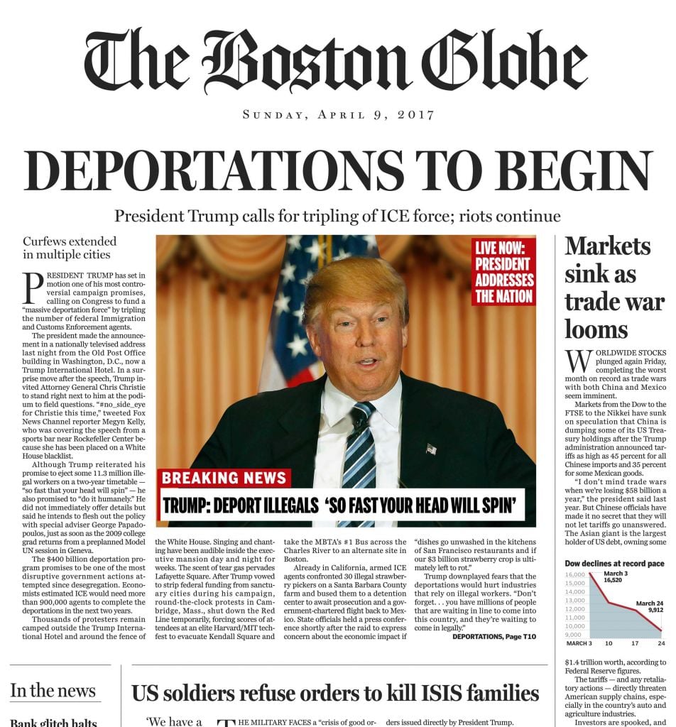 This image shows a portion of a satirical front page of The Boston Globe published on the newspaper's website on Saturday, April 9, 2016. (AFP PHOTO / Karen BLEIER) This image shows a portion of a satirical front page of The Boston Globe published on the newspaper's website on Saturday, April 9, 2016. (AFP PHOTO / Karen BLEIER)