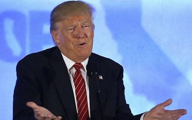 Republican presidential candidate Donald Trump speaks at the California Republican Party 2016 convention in Burlingame, California, April 29, 2016. (AP/Jeff Chiu) Republican presidential candidate Donald Trump speaks at the California Republican Party 2016 convention in Burlingame, California, April 29, 2016. (AP/Jeff Chiu)
