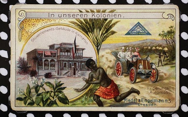 A colonial racist collectible stamp reading: 'In our colonies' displayed at an exhibition of antisemitic and racist stickers at the Deutsches Historisches Museum in Berlin, Germany, April 19, 2016. (AP Photo/Markus Schreiber) A colonial racist collectible stamp reading: 'In our colonies' displayed at an exhibition of antisemitic and racist stickers at the Deutsches Historisches Museum in Berlin, Germany, April 19, 2016. (AP Photo/Markus Schreiber)