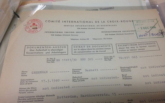 Typical form for International Tracing Service of Red Cross that was used as evidence in the applications for compensation (Jenni Frazer/The Times of Israel) Typical form for International Tracing Service of Red Cross that was used as evidence in the applications for compensation (Jenni Frazer/The Times of Israel)
