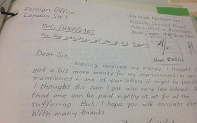 Letter from Gertrude Kuhnert complaining about size of award (Jenni Frazer/The Times of Israel)