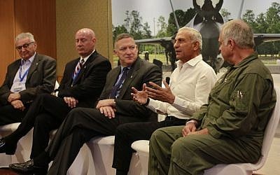 Representatives from Lockheed Martin discuss the F-35 stealth fighter jet during a conference at Tel Aviv's Hilton Hotel on April 3, 2016. (Judah Ari Gross/Times of Israel)
