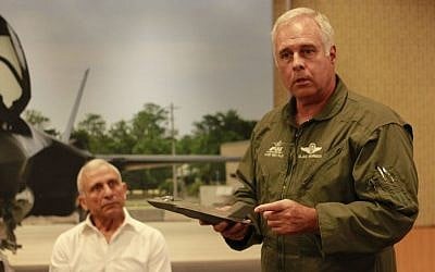F-35 chief test pilot Alan Norman discusses the F-35 stealth fighter jet during a conference at Tel Aviv's Hilton Hotel on April 3, 2016. (Judah Ari Gross/Times of Israel)