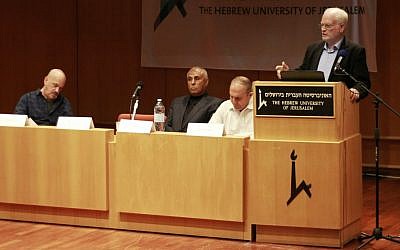 Amos Gilad, director of the Defense Ministry's Political-Military Affairs Bureau, addresses a conference on Gaza's economy at Hebrew University in Jerusalem on April 13, 2016. (Judah Ari Gross/Times of Israel)