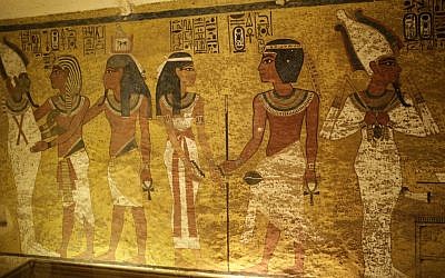 The north wall of King Tutankhamun's burial chamber at his tomb at the Valley of the Kings in Luxor, Egypt, Friday, April 1, 2016. Egypt's archaeologists have completed more extensive scanning of two recently discovered chambers behind King Tut's tomb in the Valley of the Kings. (AP Photo/Amr Nabil)