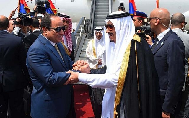 In this picture provided by the office of the Egyptian Presidency, Egyptian President Abdel-Fattah el-Sissi, left, shakes hands with Saudi Arabia's King Salman before he departs Egypt, Monday, April 11, 2016. (Sherif Abdel Minoem, Egyptian Presidency via AP) In this picture provided by the office of the Egyptian Presidency, Egyptian President Abdel-Fattah el-Sissi, left, shakes hands with Saudi Arabia's King Salman before he departs Egypt, Monday, April 11, 2016. (Sherif Abdel Minoem, Egyptian Presidency via AP)