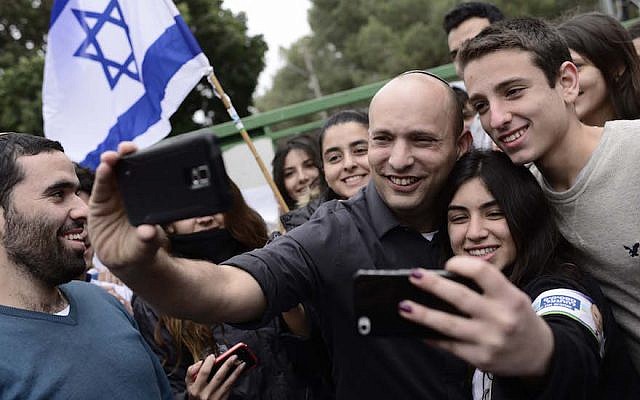 Leader of the Jewish Home political party, Naftali Bennett, seen with students at the Bleich high school in the central Israeli city of Ramat Gan on February 12 2015. (Tomer Neuberg/FLASH90) Leader of the Jewish Home political party, Naftali Bennett, seen with students at the Bleich high school in the central Israeli city of Ramat Gan on February 12 2015. (Tomer Neuberg/FLASH90)