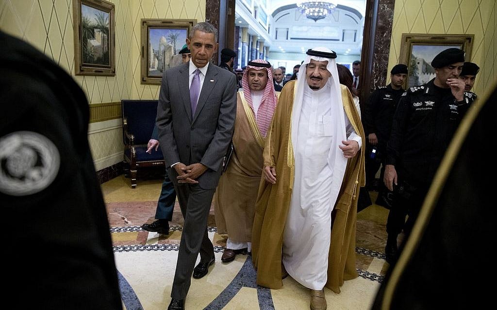 President Barack Obama and Saudi Arabia's King Salman walk together to a meeting at Erga Palace in Riyadh, Saudi Arabia, Wednesday, April 20, 2016. (AP/Carolyn Kaster)