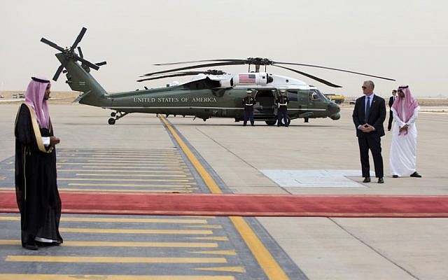 Marine One is staged on the tarmac as President Barack Obama arrives on Air Force One at King Khalid International Airport in Riyadh, Saudi Arabia, Wednesday, April 20, 2016 (AP/Carolyn Kaster) Marine One is staged on the tarmac as President Barack Obama arrives on Air Force One at King Khalid International Airport in Riyadh, Saudi Arabia, Wednesday, April 20, 2016 (AP/Carolyn Kaster)
