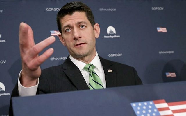 House Speaker Paul Ryan speaking with reporters at the US Capitol in Washington, D.C., April 13, 2016. (Chip Somodevilla/Getty Images/via JTA)