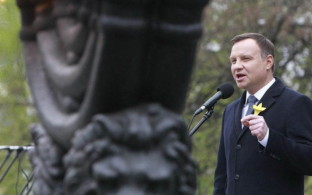 Polish President Andrzej Duda speaks during the official ceremony marking the 73rd anniversary of the Warsaw Ghetto Uprising at the Monument to the Ghetto Heroes in Warsaw, Poland, April 19, 2016. (AP/Czarek Sokolowski)