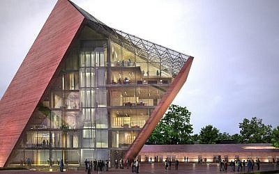 This architectural visualization provided by Studio Architektoniczne Kwadrat in Gdynia, Poland, shows how the Museum of the Second World War in Gdansk, Poland, is projected to look after its completion. (Krzysztof Droszcz/Studio Architektoniczne Kwadrat via AP)