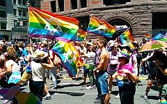 Participants in the San Francisco Pride Parade showing their Jewish and Israeli pride, June 30, 2014. (Wikimedia Commons/via JTA)