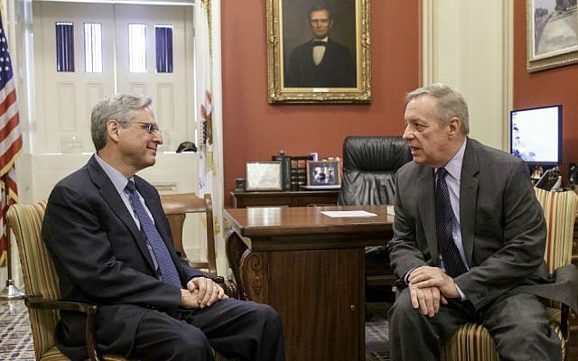 Judge Merrick Garland, President Barack Obama’s choice to replace the late Justice Antonin Scalia on the Supreme Court, meets with Senate Minority Whip Richard Durbin of Illinois, a member of the Senate Judiciary Committee which considers nominations to the high court, Wednesday, April 6, 2016, on Capitol Hill in Washington. (AP Photo/J. Scott Applewhite) Judge Merrick Garland, President Barack Obama’s choice to replace the late Justice Antonin Scalia on the Supreme Court, meets with Senate Minority Whip Richard Durbin of Illinois, a member of the Senate Judiciary Committee which considers nominations to the high court, Wednesday, April 6, 2016, on Capitol Hill in Washington. (AP Photo/J. Scott Applewhite)