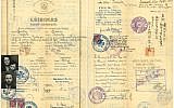 The endorsements of Chiune Sugihara and Jan Zwartendijk, the Japanese and Dutch consuls, respectively, in Kovno, Lithuania, appear on the Leidimas, or travel document, that allowed Isaac Lewin and his family to escape Lithuania in 1940. (Courtesy of Alyza D. Lewin)