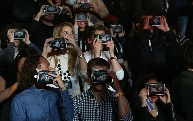 Watching an array of performers at the virtual reality Forbes 30 Under 30 concert in the Tower of David Museum in Jerusalem on April 6, 2016 (Courtesy Sasson Tiram) Watching an array of performers at the virtual reality Forbes 30 Under 30 concert in the Tower of David Museum in Jerusalem on April 6, 2016 (Courtesy Sasson Tiram)