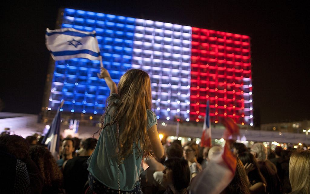 People gather to show solidarity with the victims of the Paris attacks in Tel Aviv’s Rabin Square, Nov. 14, 2015. (Lior Mizrahi/Getty Images, via JTA) People gather to show solidarity with the victims of the Paris attacks in Tel Aviv’s Rabin Square, Nov. 14, 2015. (Lior Mizrahi/Getty Images, via JTA)