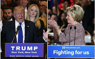 Donald Trump and Hillary Clinton celebrating their respective victories in the New York primaries in New York City, April 19, 2016. (Spencer Platt and John Moore/Getty Images via JTA)