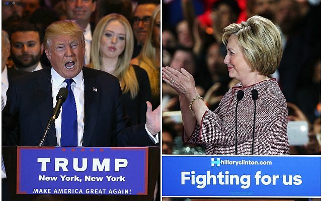 Donald Trump and Hillary Clinton celebrating their respective victories in the New York primaries in New York City, April 19, 2016. (Spencer Platt and John Moore/Getty Images via JTA) Donald Trump and Hillary Clinton celebrating their respective victories in the New York primaries in New York City, April 19, 2016. (Spencer Platt and John Moore/Getty Images via JTA)