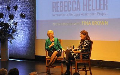 Publisher Tina Brown, left, interviewing Rebecca Heller, co-founder and director of the International Refugee Assistance Project, at an event in New York honoring Heller as the 2015 recipient of The Charles Bronfman Prize, April 4, 2016. (Bill Stanton)