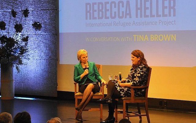 Publisher Tina Brown, left, interviewing Rebecca Heller, co-founder and director of the International Refugee Assistance Project, at an event in New York honoring Heller as the 2015 recipient of The Charles Bronfman Prize, April 4, 2016. (Bill Stanton) Publisher Tina Brown, left, interviewing Rebecca Heller, co-founder and director of the International Refugee Assistance Project, at an event in New York honoring Heller as the 2015 recipient of The Charles Bronfman Prize, April 4, 2016. (Bill Stanton)