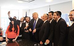 Illustrative: Donald Trump holds a question-and-answer session with Jewish reporters at his offices at Trump Tower, New York, April 14, 2016. (Uriel Heilman/JTA)