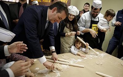 Sen. Ted Cruz, R-Texas, making matzah with children at the Model Matzah Bakery in Brooklyn, New York, April 7, 2016. (Twitter via JTA)
