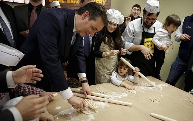 Sen. Ted Cruz, R-Texas, making matzah with children at the Model Matzah Bakery in Brooklyn, New York, April 7, 2016. (Twitter via JTA) Sen. Ted Cruz, R-Texas, making matzah with children at the Model Matzah Bakery in Brooklyn, New York, April 7, 2016. (Twitter via JTA)