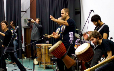 Aviva Nash (far left) and the drummers from Drum Cafe, which she hopes will bring together Arabs and Jews in Israel. (Courtesy Drum Cafe Israel)