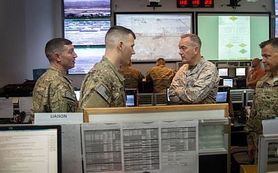 Joseph F. Dunford Jr., then-chairman of the Joint Chiefs of Staff, talks with soldiers assigned to the Multinational Force and Observers at the el-Gorah Camp in the Sinai Peninsula in Egypt on February 21, 2016. (D. Myles Cullen/US Department of Defense)