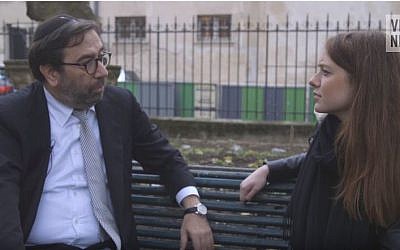 Robert Ejness, Director General of CRIF, the French Jewish umbrella organizations, left, during an interview with Vice News. (YouTube/Vice News)
