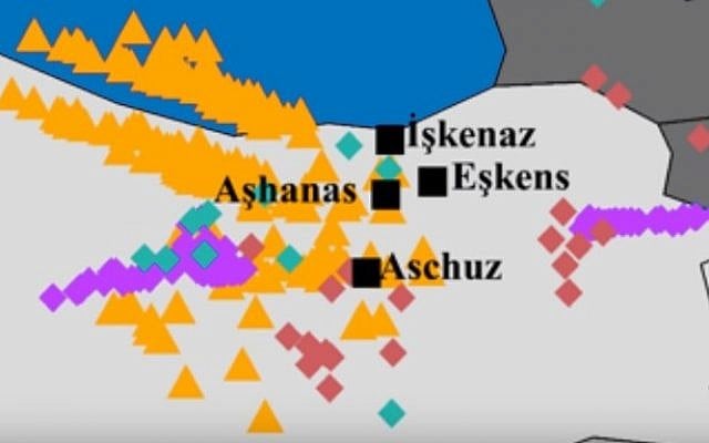 A map showing the apparent origins of Yiddish speakers based on DNA analysis, according to a study by Dr. Eran Elhaik (YouTube screen capture)
