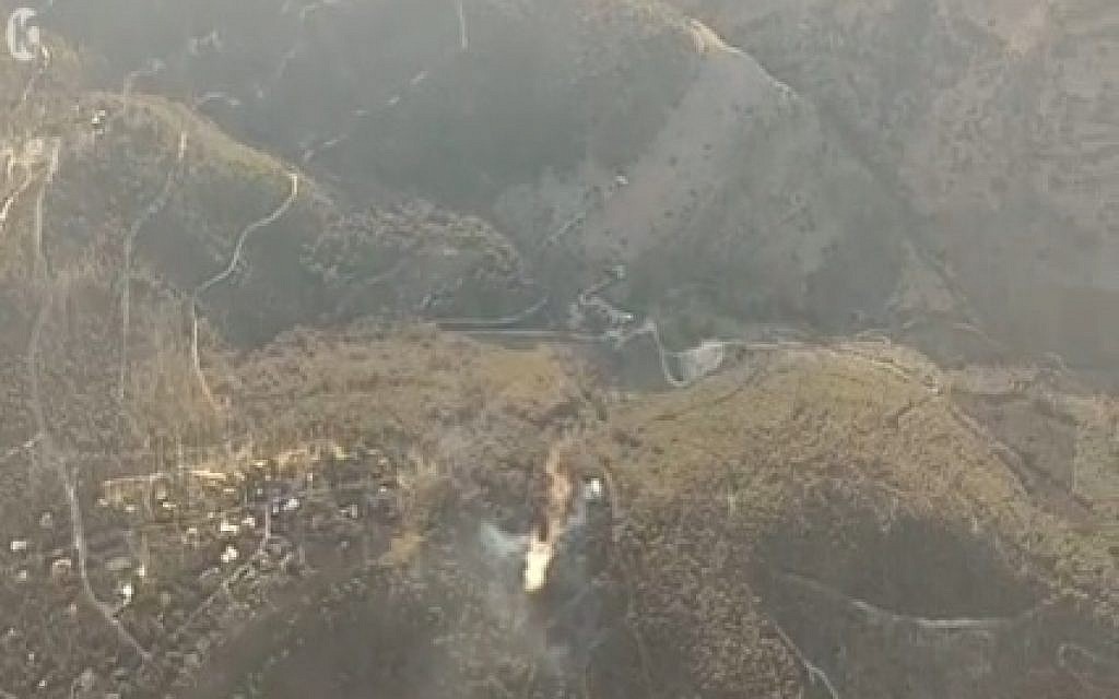 A forest fire in the Biriya forest in northern Israel on April 25, 2016 (screen capture: Channel 10)