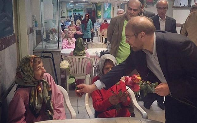 Tehran Mayor Mohammad Bagher-Ghalibaf visits a Jewish nursing home on Friday, April 22, 2016, then posts a photo of the visit on Instagram. (Instagram)
