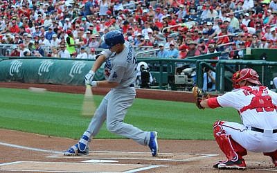 Joc Pederson taking a swing against the Washington Nationals, August 12, 2015. (Hillel Kuttler/JTA)