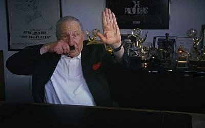 Mel Brooks doing a Hitler bit in an interview for 'The Last Laugh,' director Ferne Pearlstein's new documentary about Holocaust humor (Tangerine Entertainment/via JTA)