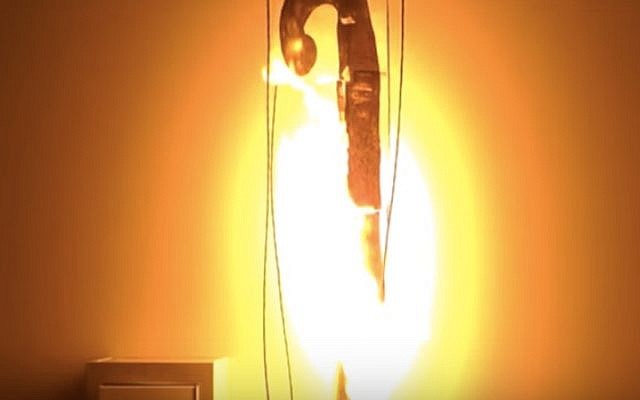 A staff turns into a snake in one of the Technion Rube Goldberg-style Passover projects (Courtesy) A staff turns into a snake in one of the Technion Rube Goldberg-style Passover projects (Courtesy)