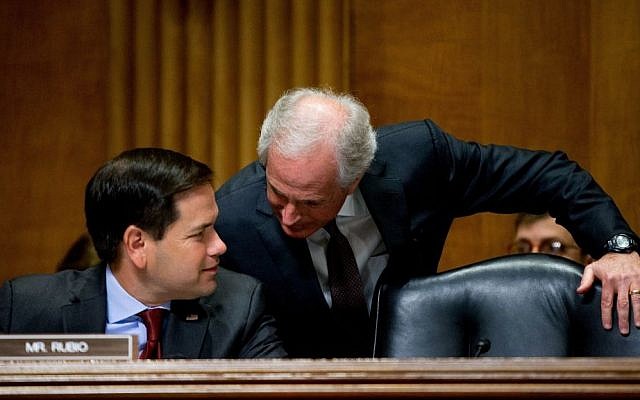 Senate Foreign Relations Committee Chairman Bob Corker, R-Tenn., right, speaks with Sen. Marco Rubio, R-Fla., on Capitol Hill in Washington, Tuesday, April 5, 2016, during the committee's hearing on recent Iranian actions and implementation of the nuclear deal. (AP/Andrew Harnik) Senate Foreign Relations Committee Chairman Bob Corker, R-Tenn., right, speaks with Sen. Marco Rubio, R-Fla., on Capitol Hill in Washington, Tuesday, April 5, 2016, during the committee's hearing on recent Iranian actions and implementation of the nuclear deal. (AP/Andrew Harnik)