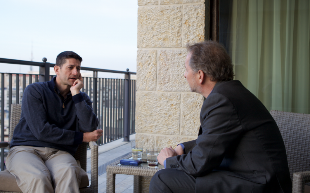 Paul Ryan (left), interviewed by Times of Israel editor David Horovitz in Jerusalem on April 3, 2016. (Courtesy) Paul Ryan (left), interviewed by Times of Israel editor David Horovitz in Jerusalem on April 3, 2016. (Courtesy)