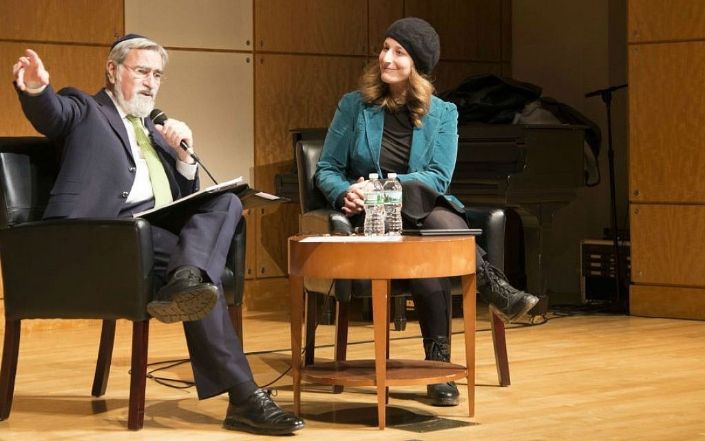 Rabbi Jonathan Sacks speaks with Lynn Kaye, assistant professor in the Ohio State University's department of Near Eastern Languages and Cultures, at The Center for Jewish History in New York, April 5, 2016. (courtesy) Rabbi Jonathan Sacks speaks with Lynn Kaye, assistant professor in the Ohio State University's department of Near Eastern Languages and Cultures, at The Center for Jewish History in New York, April 5, 2016. (courtesy)