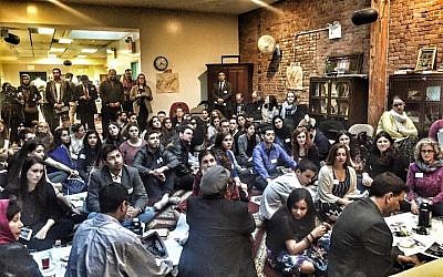 Jews and Muslims participating in a seder at the Islamic Society of Mid Manhattan, organized by the NYC Muslim-Jewish Solidarity Committee, April 14, 2016. (Facebook)