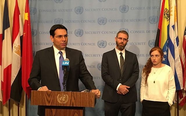 Israel's Ambassador to the UN Danny Danon, with Nathan Meir, whose wife Dafna was murdered by a Palestinian terrorist in January, and their daughter Renana, April 18, 2016. (Courtesy) Israel's Ambassador to the UN Danny Danon, with Nathan Meir, whose wife Dafna was murdered by a Palestinian terrorist in January, and their daughter Renana, April 18, 2016. (Courtesy)
