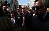Britain's opposition Labour Party leader Jeremy Corbyn, center, after a speech at a May Day rally in London on May 1, 2016. (AFP/Justin Tallis)