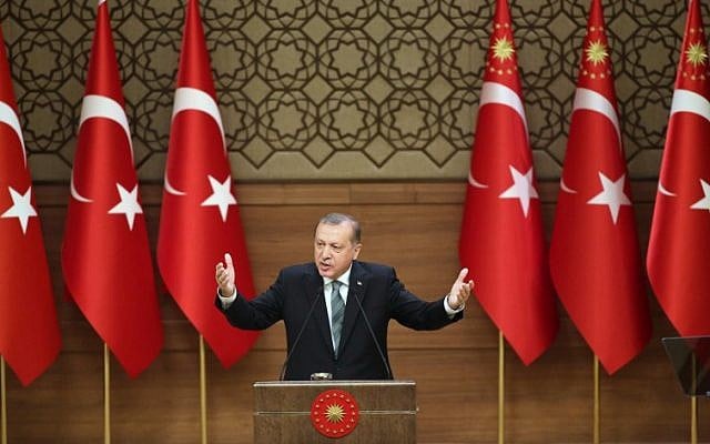 Turkish President Tayyip Erdogan gestures during a speech with local village and town leaders at the Presidential Palace in Ankara, on May 4, 2016. (AFP/Adem Altan) Turkish President Tayyip Erdogan gestures during a speech with local village and town leaders at the Presidential Palace in Ankara, on May 4, 2016. (AFP/Adem Altan)