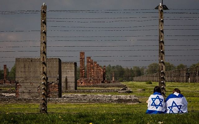 Participants of the annual March of the Living are seen at the former Auschwitz-Birkenau Nazi death camp in Poland, on May 5, 2016. (AFP Photo/Wojtek Radwanski)