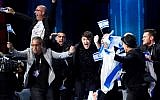 Hovi Star representing Israel celebrates as he advances to the Grand Final, after qualifying in the second semi-final of the Eurovision Song Contest 2016 in Stockholm, Sweden, on May 12, 2016. (AFP/Jonathan Nackstrand)