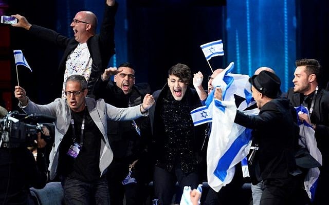 Hovi Star representing Israel celebrates as he advances to the Grand Final, after qualifying in the second semi-final of the Eurovision Song Contest 2016 in Stockholm, Sweden, on May 12, 2016. (AFP/Jonathan Nackstrand) Hovi Star representing Israel celebrates as he advances to the Grand Final, after qualifying in the second semi-final of the Eurovision Song Contest 2016 in Stockholm, Sweden, on May 12, 2016. (AFP/Jonathan Nackstrand)